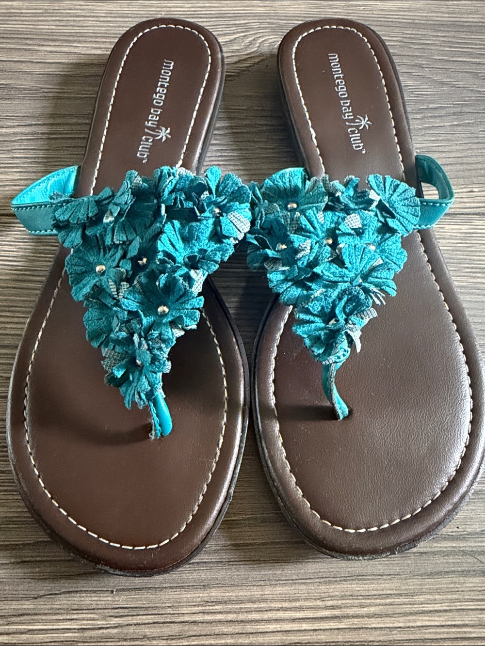 Montego Bay Club Teal Floral Toe-Post Sandals with Stud Accents